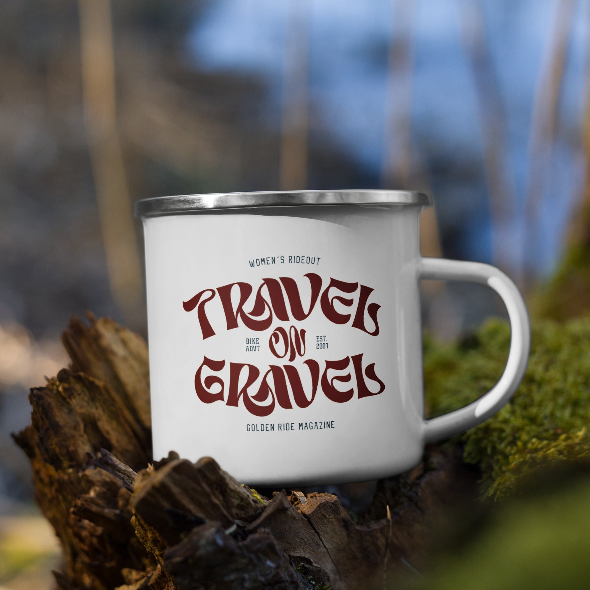 Emaille-Tasse - "Travel on Gravel"